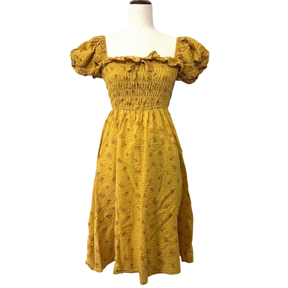 Coquette Cottagecore Mustard Yellow Ditsy Floral Midi Dress Puff Slve Milkmaid S